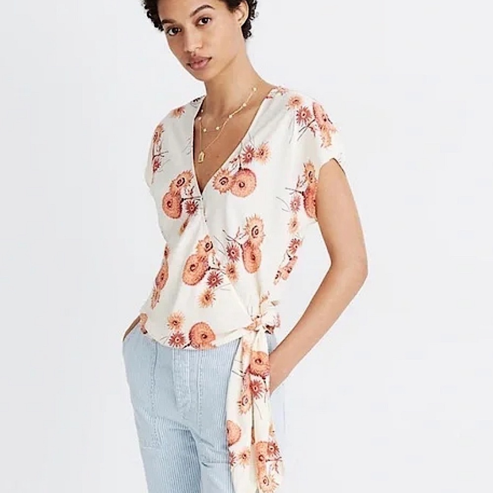 Madewell Plus Sash Tie Wrap Top in Dutch Dandelions Floral Print Blouse XXL